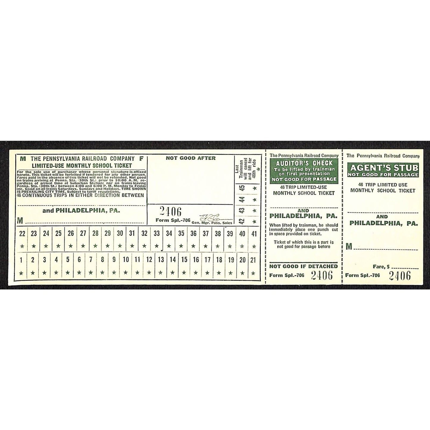 c1942-45 Pennsylvania Railroad Unused SAMPLE Monthly School Ticket VGC