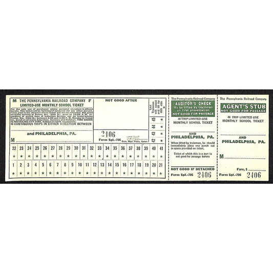 c1942-45 Pennsylvania Railroad Unused SAMPLE Monthly School Ticket VGC
