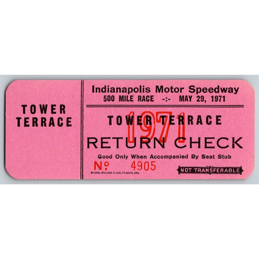 Indy 500 1971 Return Check Ticket - "500 Mile Intl. Sweepstakes"