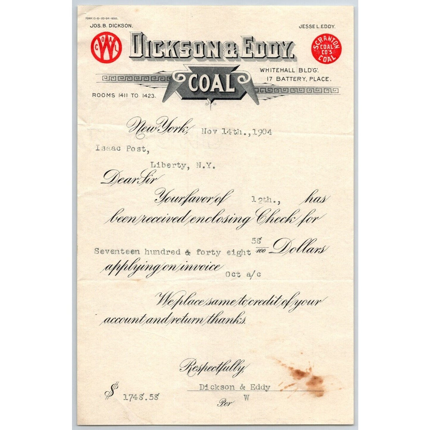 Dickson & Eddy NYC Coal 1904 Receipt / Billhead to Isaac Post*