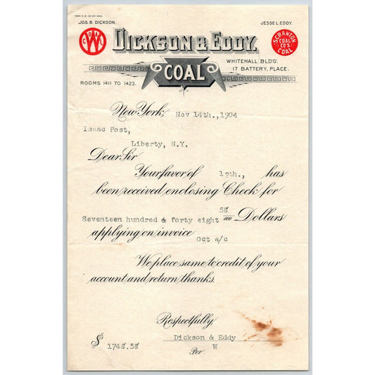 Dickson & Eddy NYC Coal 1904 Receipt / Billhead to Isaac Post*