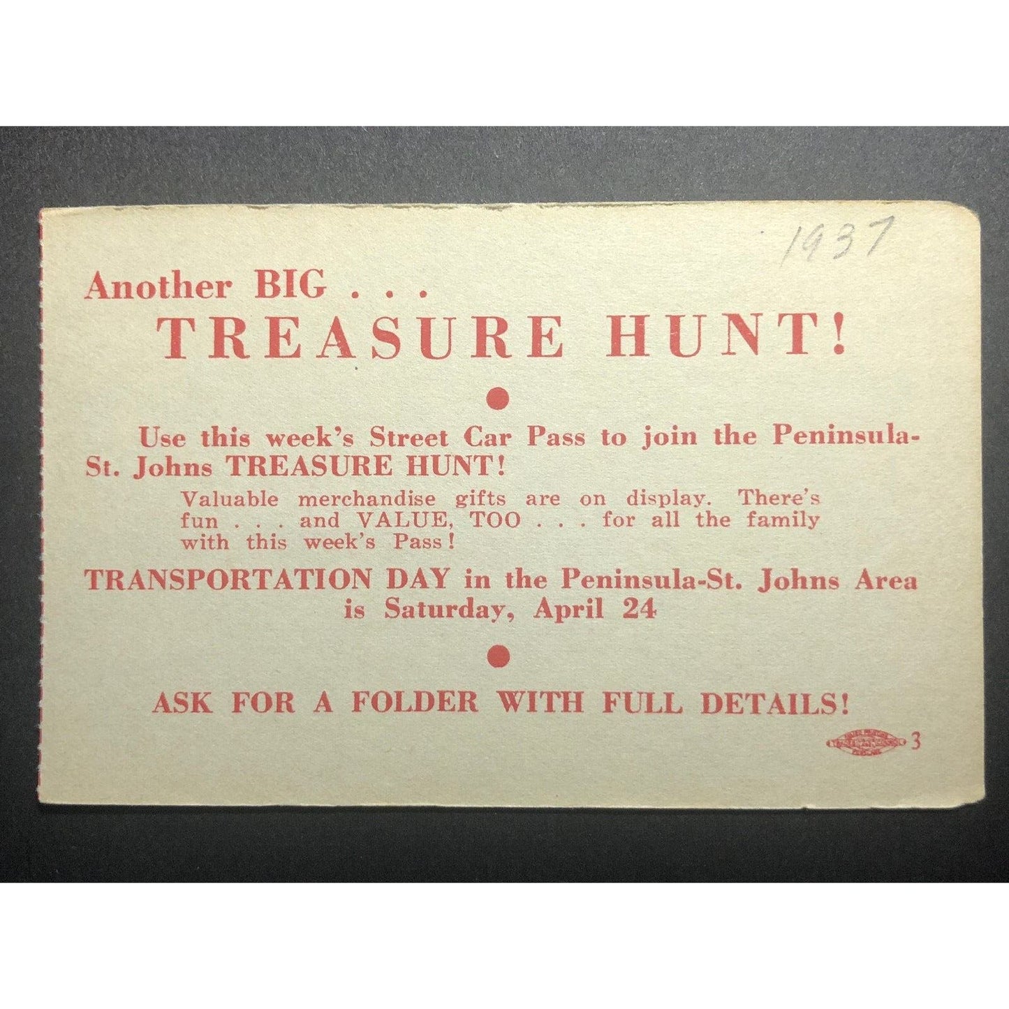 c1937 (Peninsula-St. John Area) Transportation Day April Treasure Hunt Hand Out