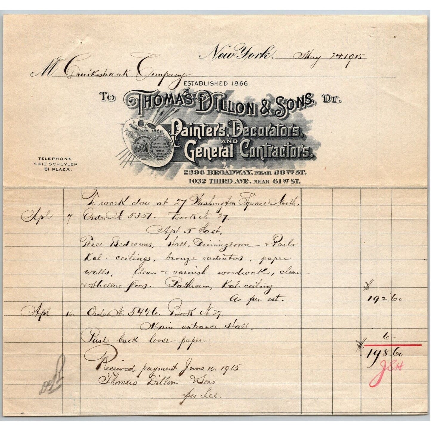 1915 Thomas Dillon & Sons Painters Decorators Billhead Letterhead Broadway NYC