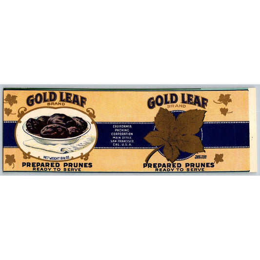 Gold Leaf Prepared Prunes Paper Can Label c1920's-30's VGC Scarce