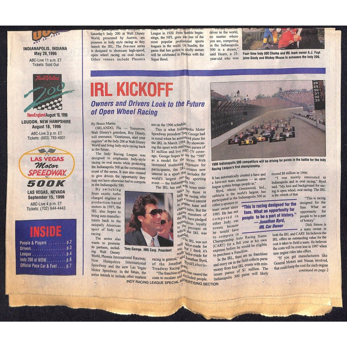 1996 Indy Racing League - USA Today Supplement Feature Newspaper Section 8pp