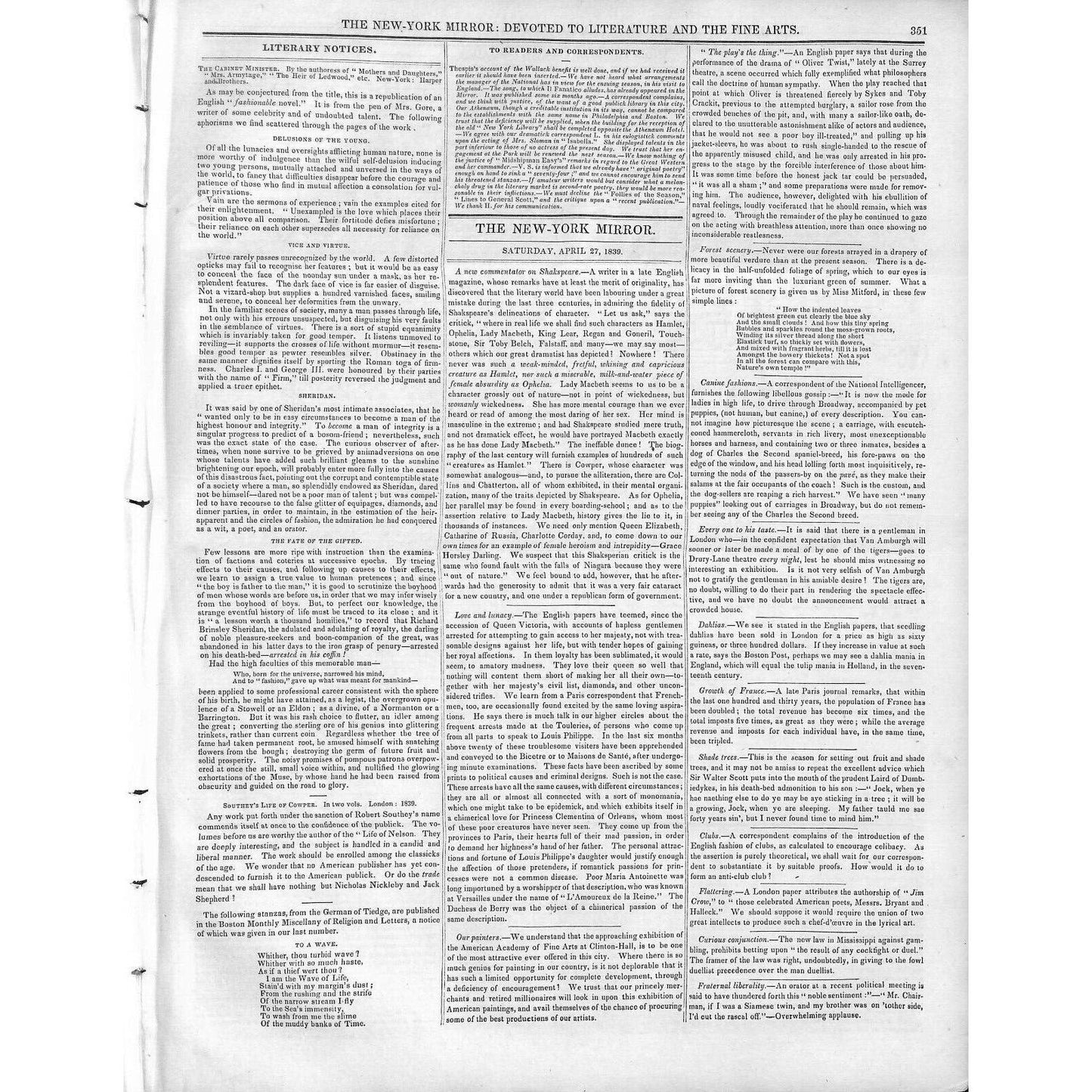 New-York Mirror Weekly Journal Literature Fine Arts Newspaper 4/27/1839
