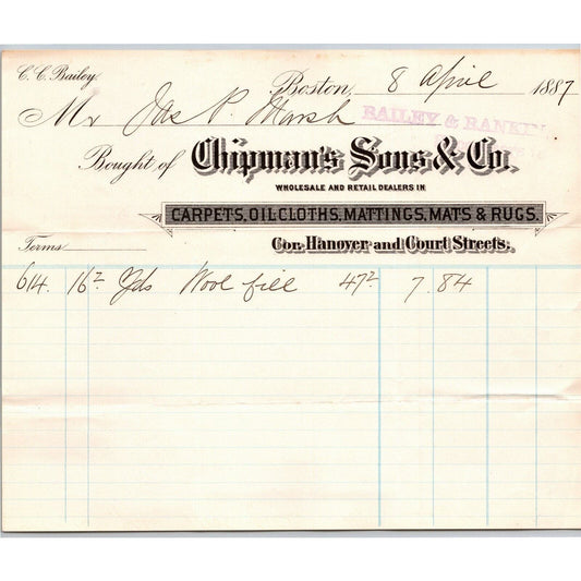 Boston, MA Chipman's Sons & Co. Carpets Mats 1887 Billhead JP Marsh Bethel, VT
