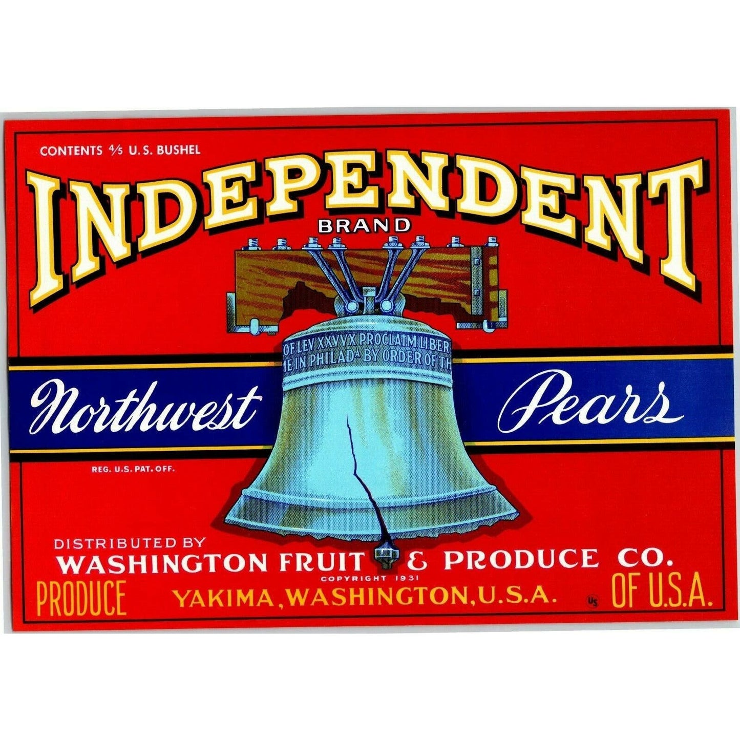 Independent Pears Vintage Original Paper Fruit Crate Label Liberty Bell