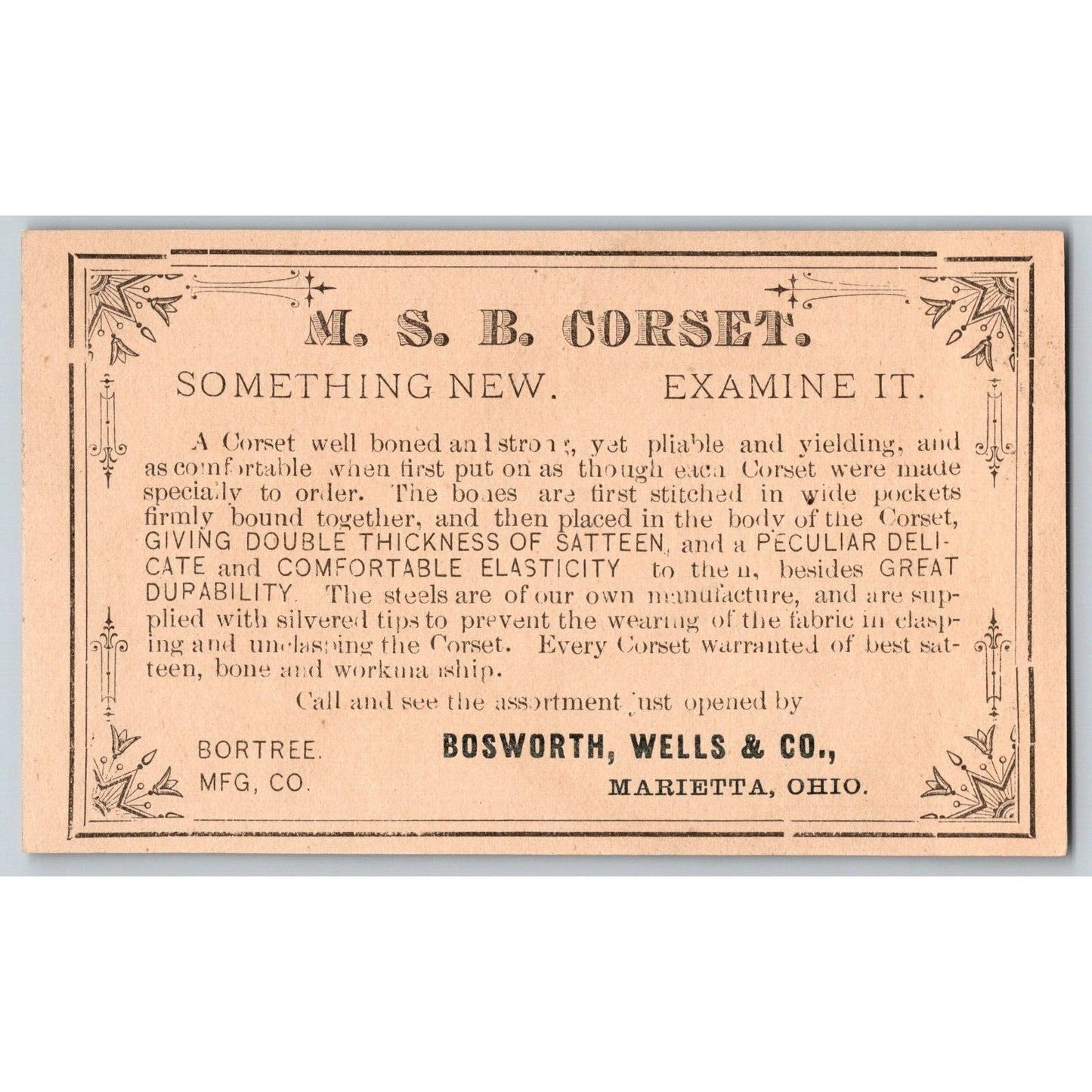 Bosworth, Wells & Co. MSB Corset Marietta, OH Victorian Trade Card -- Hand Fan