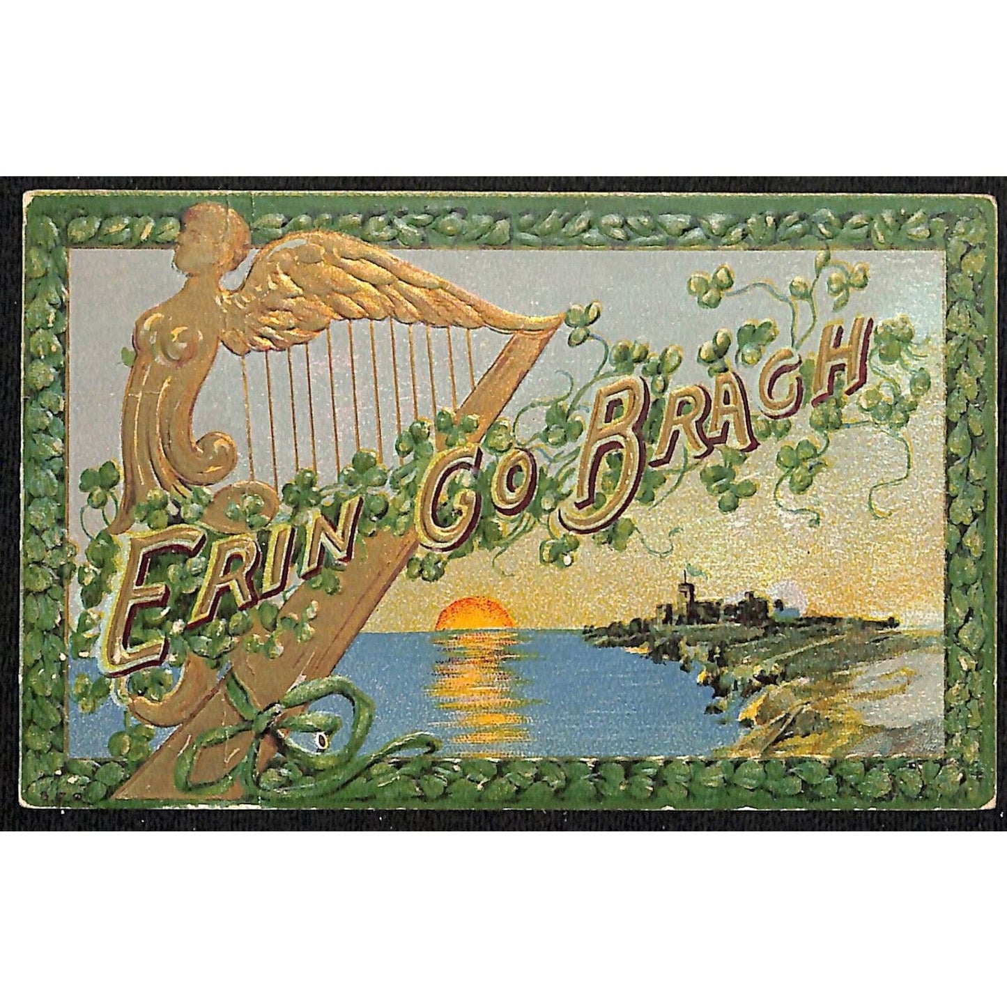 Ireland Postcard Erin Go Bragh Harp Sea Sunset Castle Gilt Embossed PM 1912