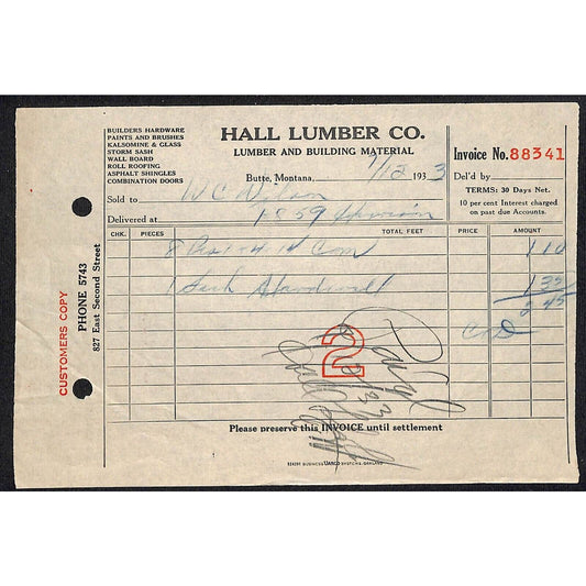 Hall Lumber Co. Butte Montana 1933 Billhead Letterhead Wilson Drug