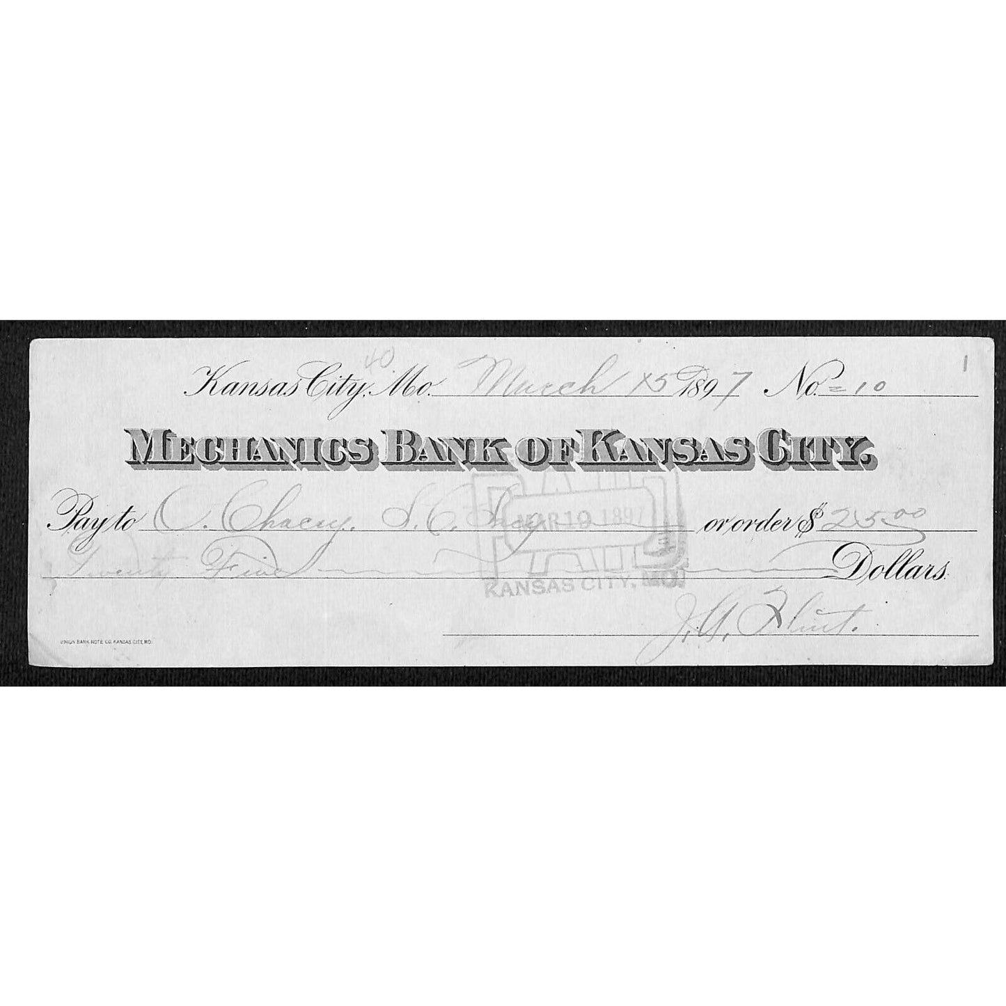 1897 Mechanics Bank of Kansas City, MO Bank Check - VGC