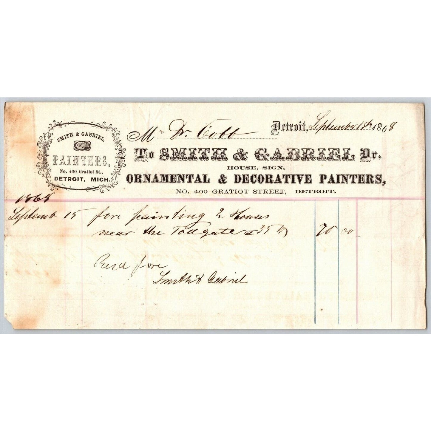 Detroit Letterhead - Smith & Gabriel Ornamental & Decorative Painters 1868