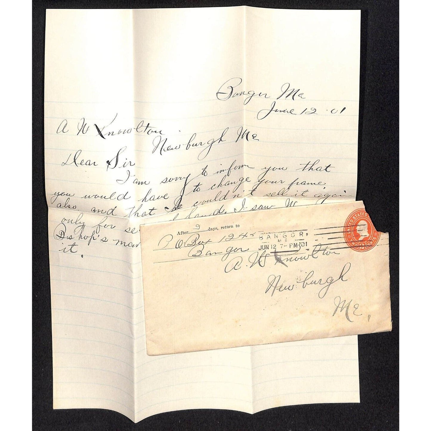 Newburgh, ME Amos W. Knowlton* 1901 ALS re: " "Broken Frame" & "Wood & Bishop"