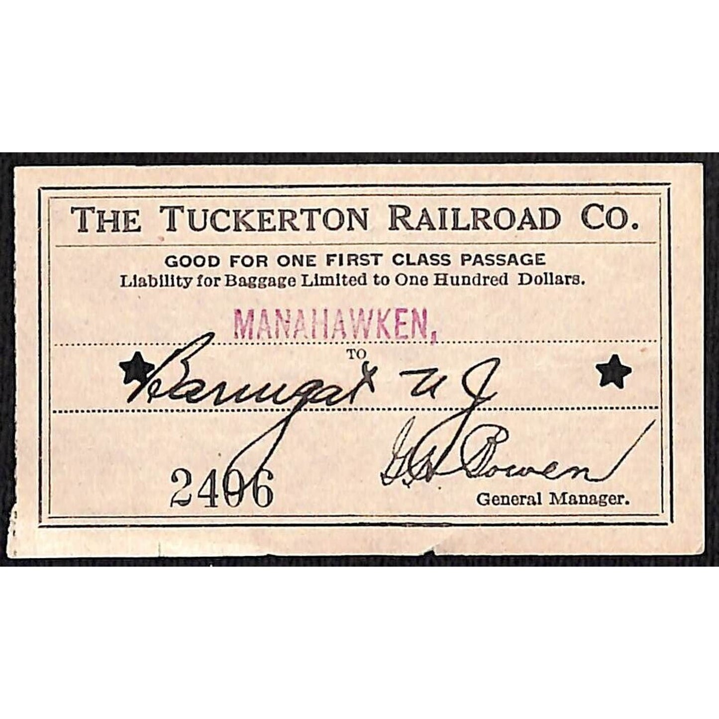 1931 Tuckerton Railroad First Class Ticket Manahawken, NJ Scarce #2406