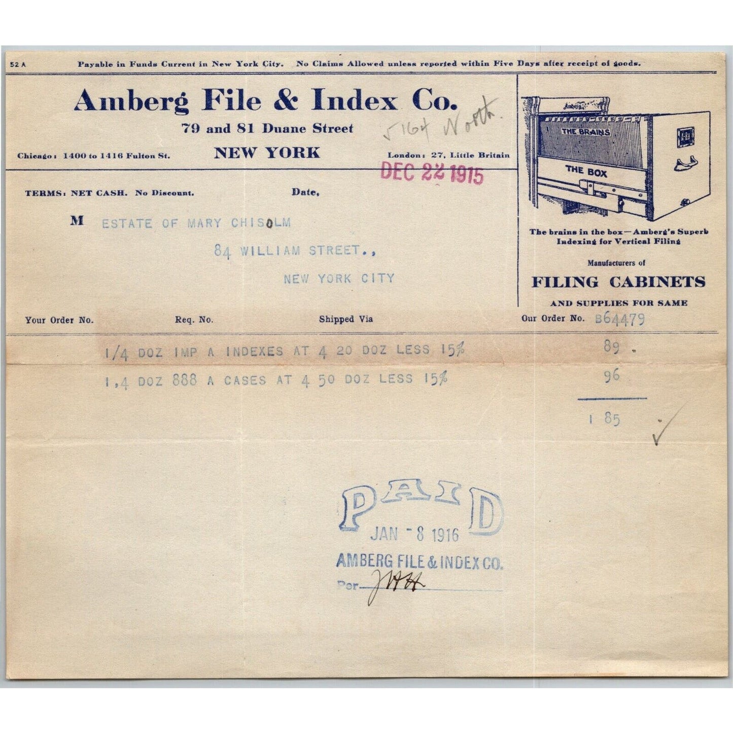 1915 "Amberg File & Index" Filing Cabinets Billhead Letterhead Duane St. NYC