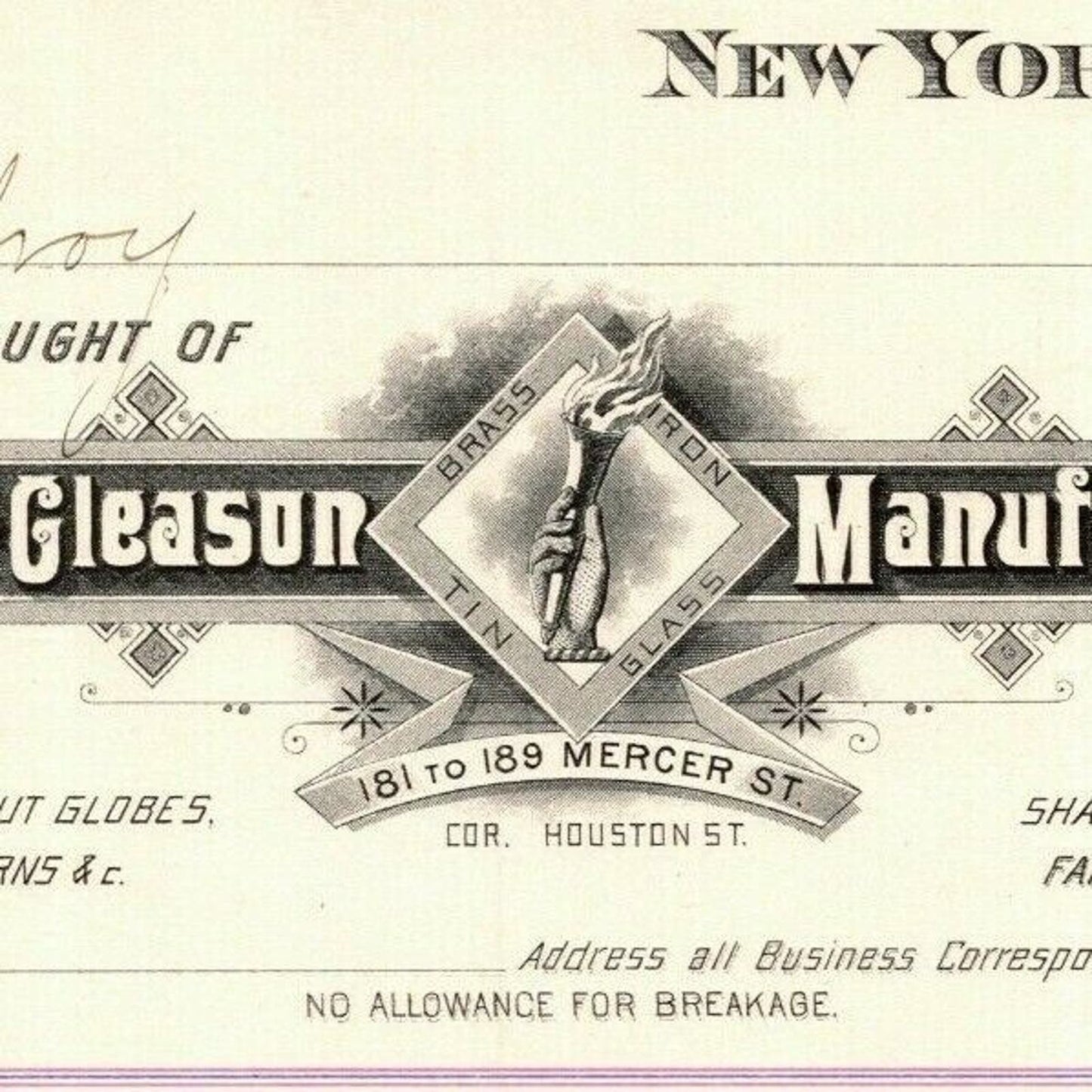 1887 "E. P. Gleason" Cut Glass Globes Billhead Letterhead - Mercer St., NYC