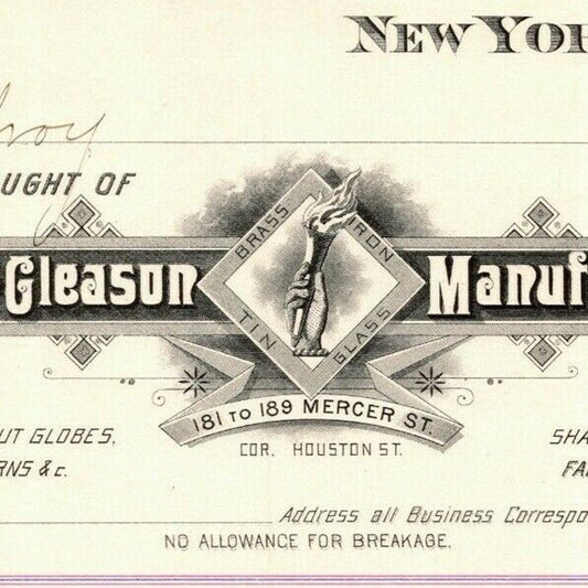 1887 "E. P. Gleason" Cut Glass Globes Billhead Letterhead - Mercer St., NYC
