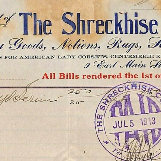 1913 Scarce Shreckhise Company Dry Goods Rugs Letterhead Billhead Staunton, VA
