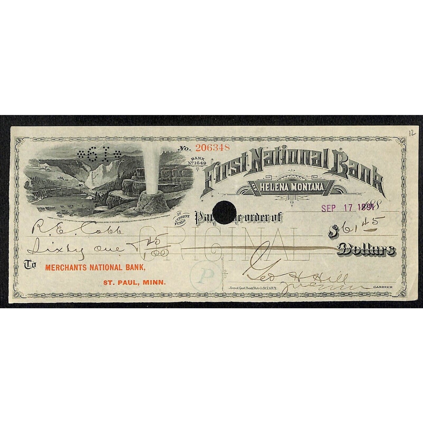 First National Bank of Helena, MT 1891 R. E. Cobb (St. Paul, MN) Check Vignette
