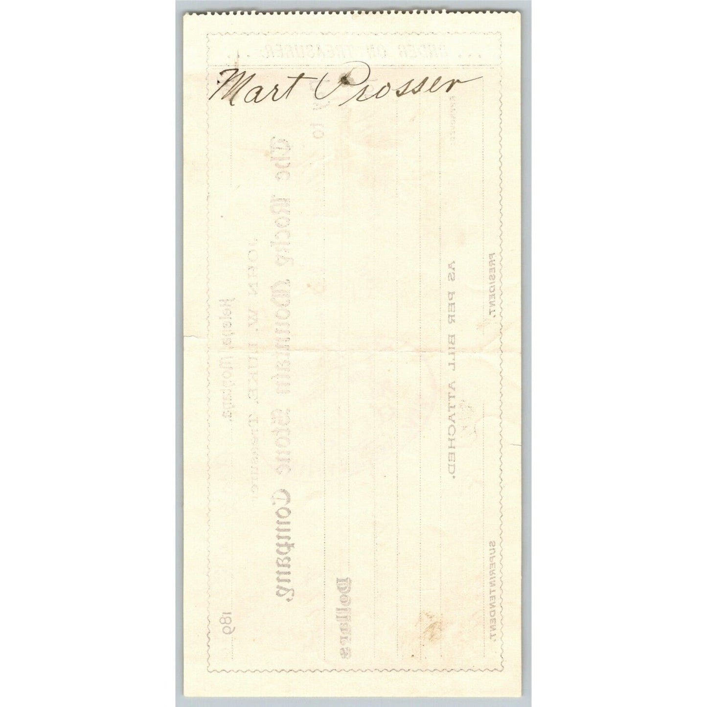 Helena Montana Rocky Mountain Stone Co. 1894 Company / Bank Check
