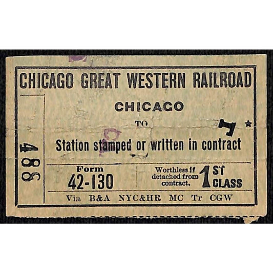 1916 Chicago Great Western Railroad Ticket w/ Boston Stamp #486