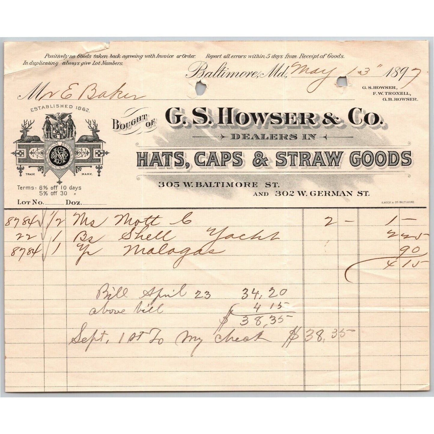 1897 Letterhead Billhead G.S. Howser & Co. Straw Goods Baltimore Ephraim Baker*