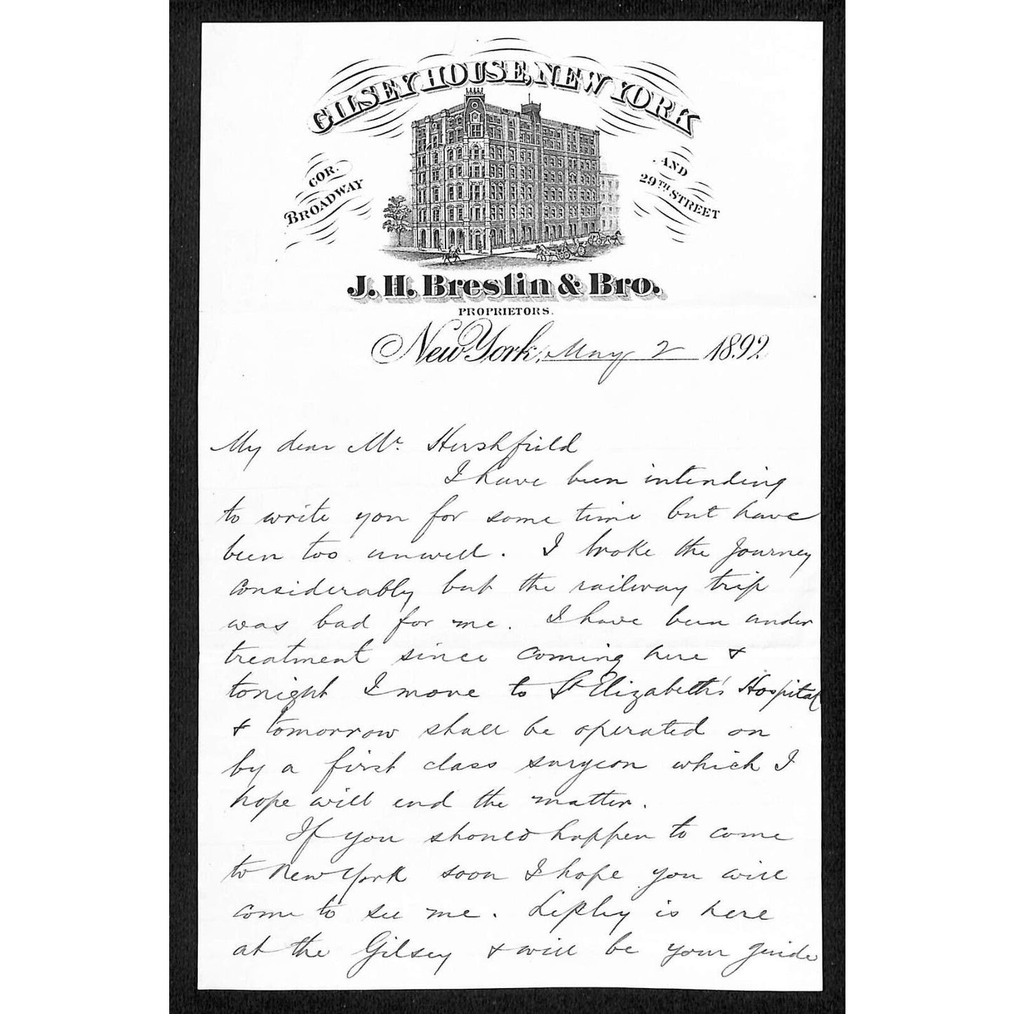 J. H. Breslin & Bro. New York Broadway 1892 ALS Letterhead to L.H. Hershfield*