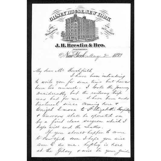 J. H. Breslin & Bro. New York Broadway 1892 ALS Letterhead to L.H. Hershfield*