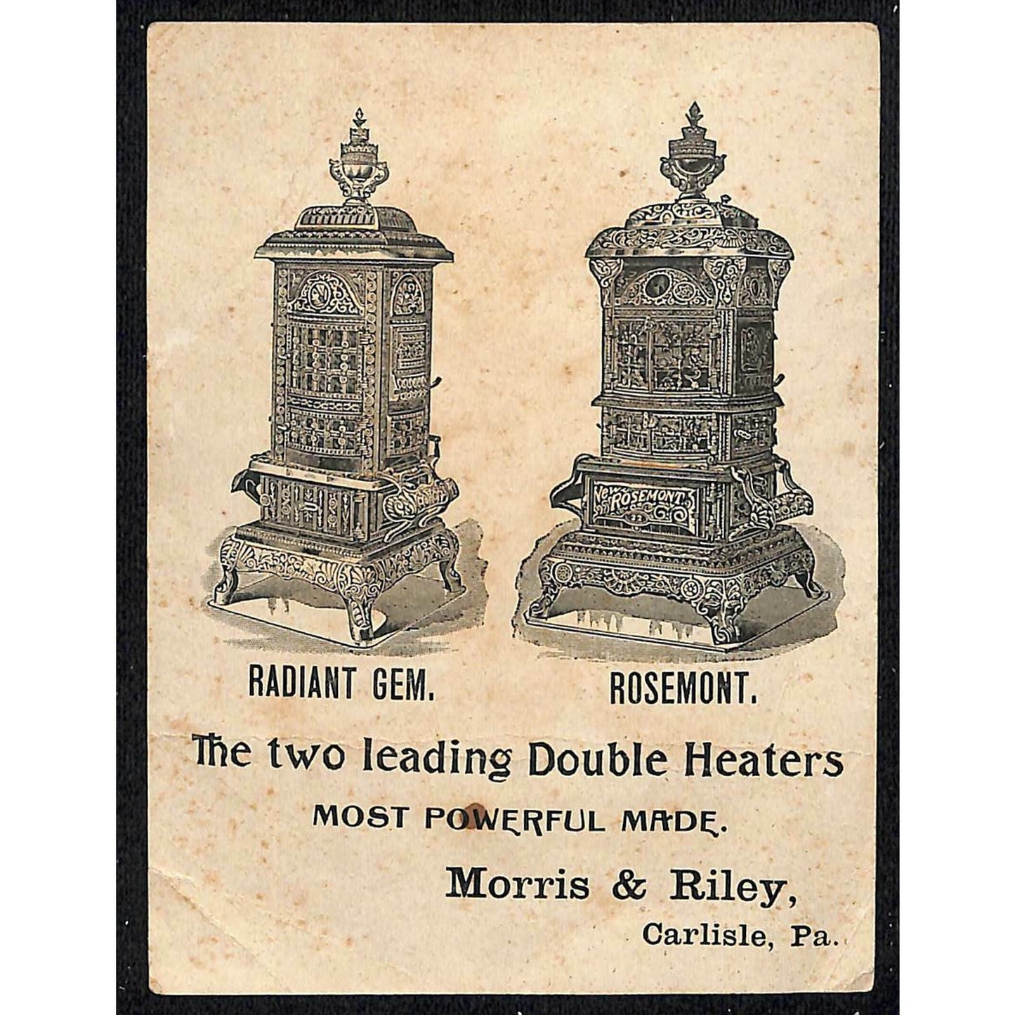1880-90's Victorian Trade Card Rosemont Heater Stove Morris & Riley Carlisle, PA