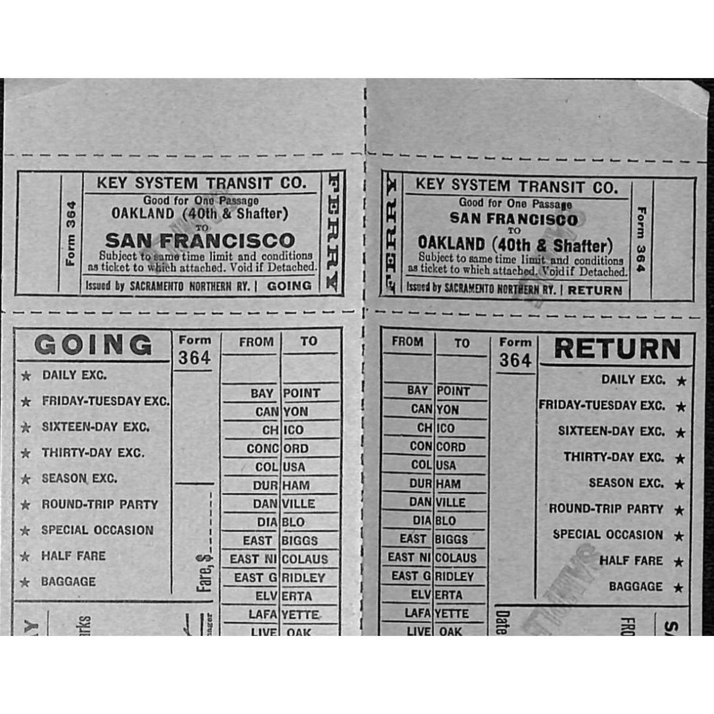 1930 Key System Transit Co. Unused Attached Going / Return SAMPLE Tickets Scarce