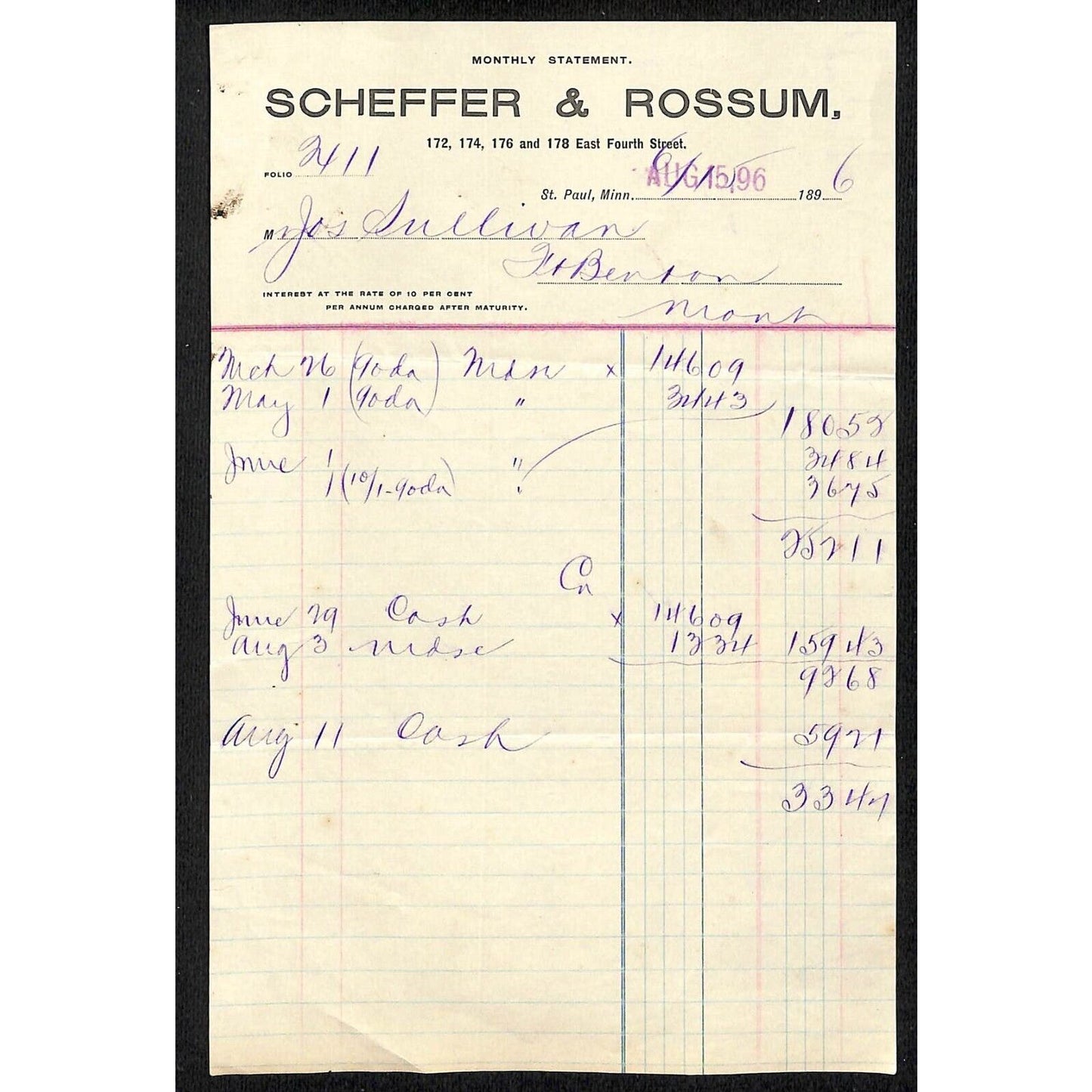 St. Paul, MN Scheffer & Rossum (Riding Leather Goods) 1896 Billhead Statement