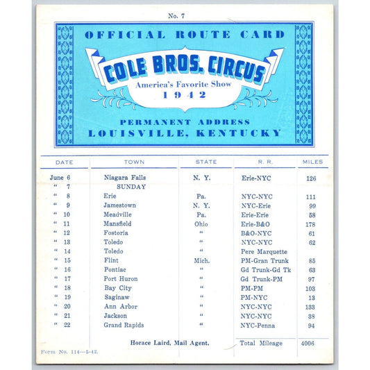 1942 Cole Bros Circus Route Card - New York Pennsylvania Ohio Michigan
