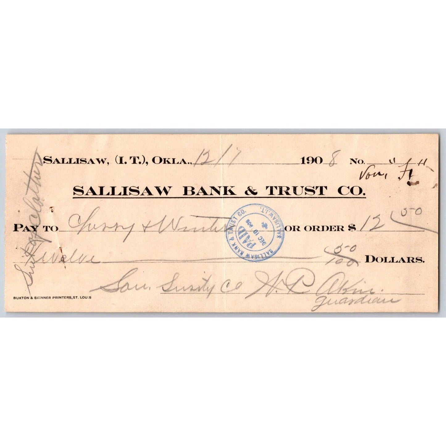Sallisaw Indian Territory Okla. 1908 $12.50 Bank Check