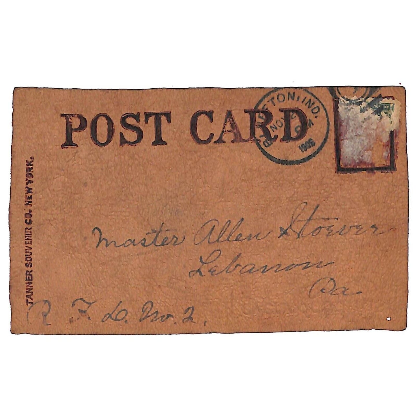 Funny Leather Postcard "With Every Good Wish" w/ Pig w/ 4-Leaf Clover Horseshoe