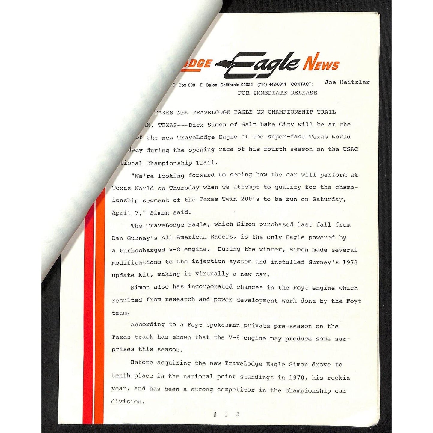 c1973 Dick Simon / TraveLodge Indy 500 Indianapolis Press Releases & Specs 12pp