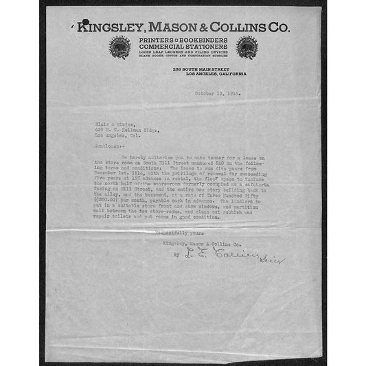 Kingsley, Mason & Collins Co. - Printers Bookbinders Los Angeles 1916 Letterhead