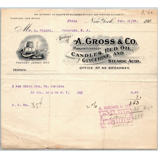 A. Gross & Co.1906 Letterhead NY, NY Candles Red Oil Glycerine Stearic Acid
