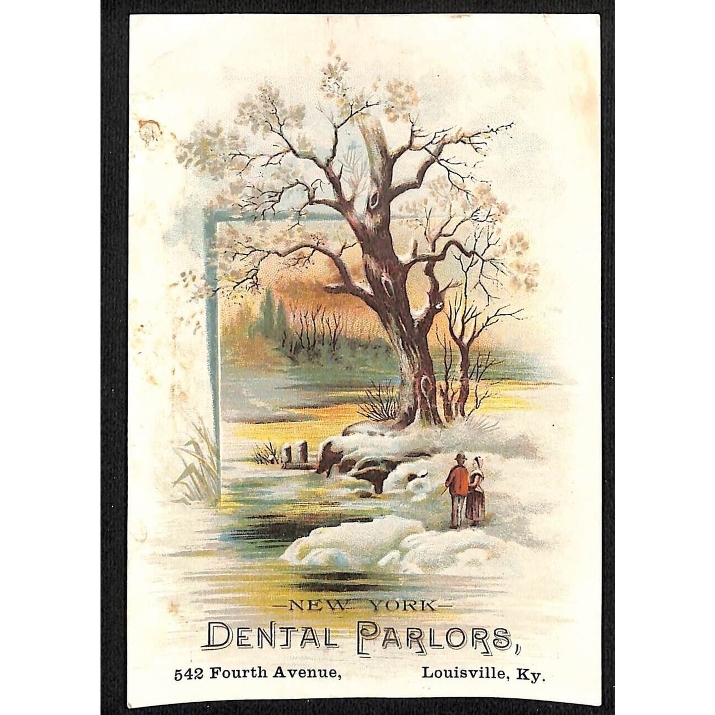 New York Dental Parlors Louisville KY Victorian Trade Cards Winter Stream Scene