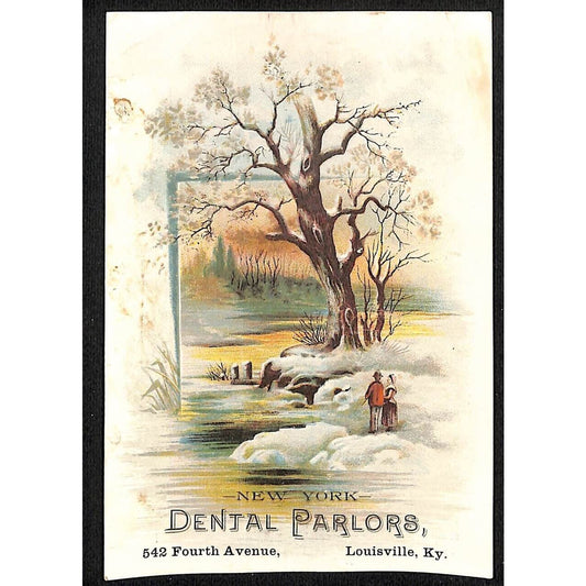 New York Dental Parlors Louisville KY Victorian Trade Cards Winter Stream Scene