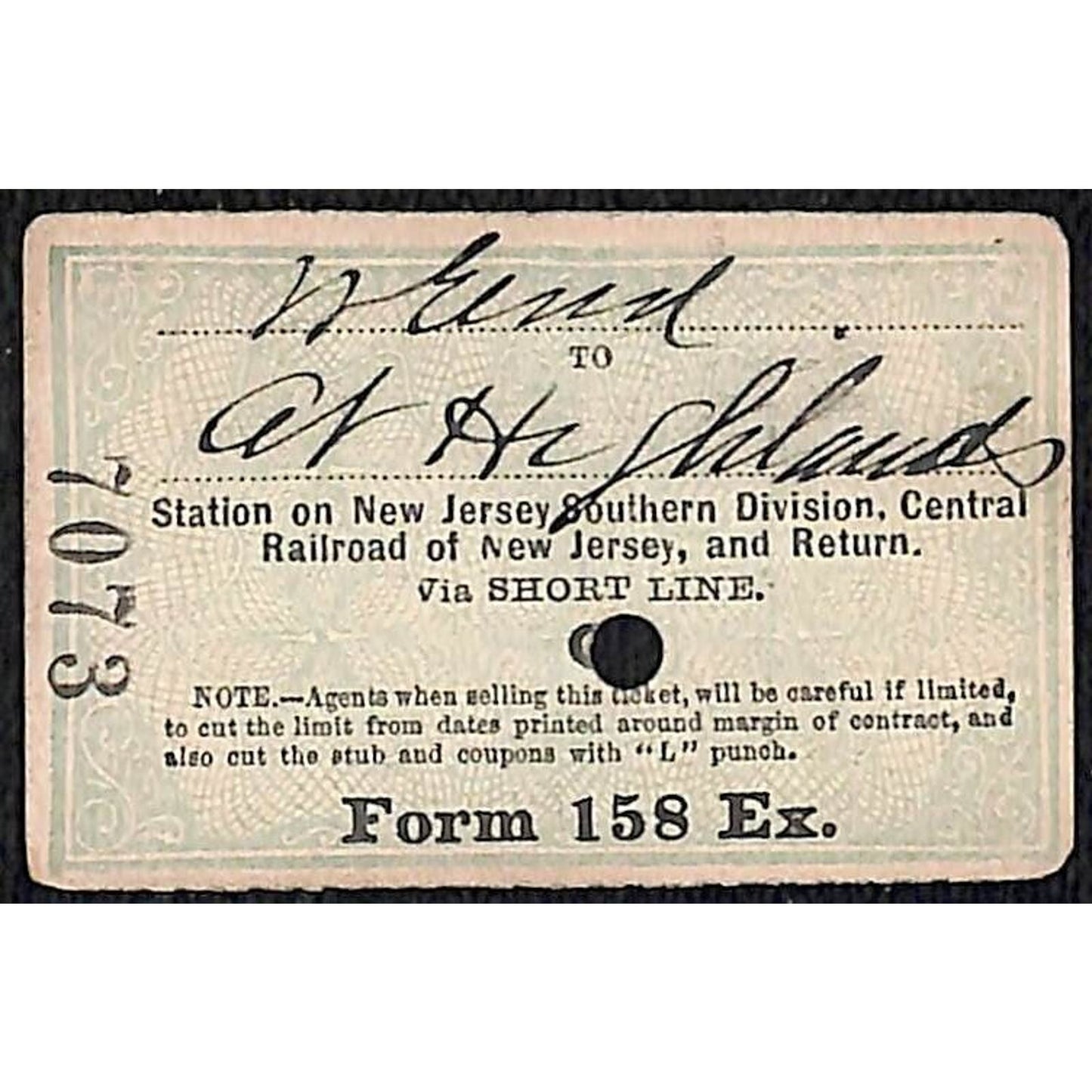 New York & Long Branch Railroad 1896 Ticket N. Asbury Park AC Highlands #7073