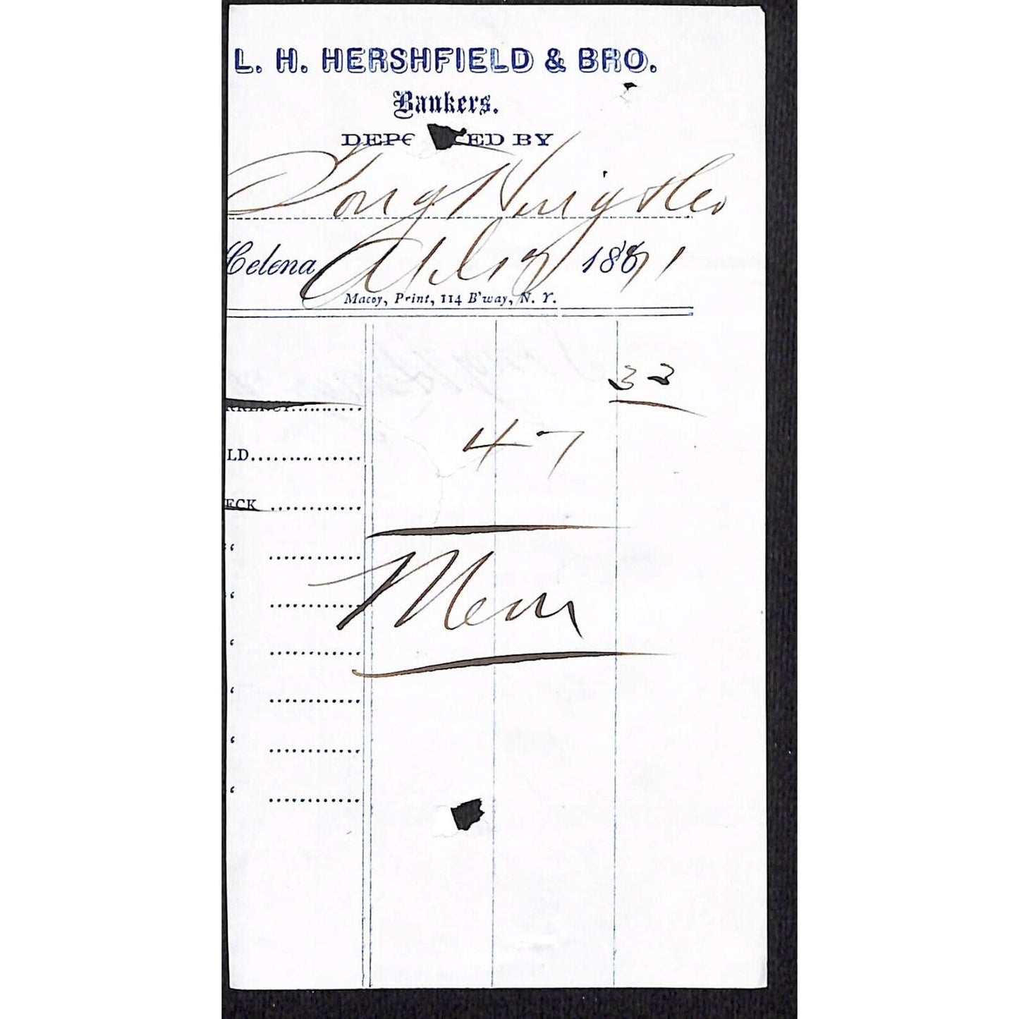 Helena Montana L.H. Hershfield & Bro. 1871 Bankers Receipt