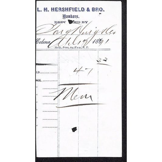 Helena Montana L.H. Hershfield & Bro. 1871 Bankers Receipt