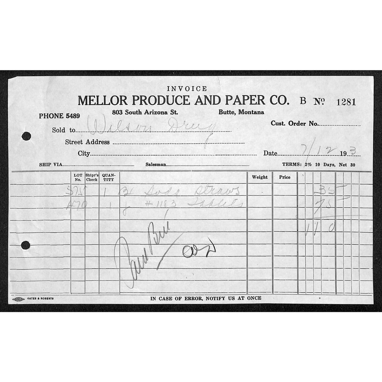 Mellor Produce & Paper Butte Montana 1933 Billhead Letterhead - Wilson Drug