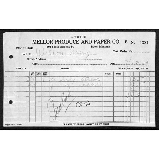 Mellor Produce & Paper Butte Montana 1933 Billhead Letterhead - Wilson Drug