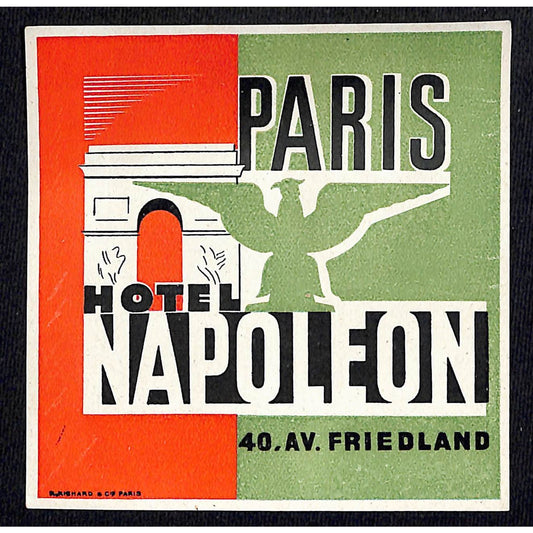 Hotel Napoleon Paris 40, Av. Friedland Luggage Label Vintage NOS VGC Scarce