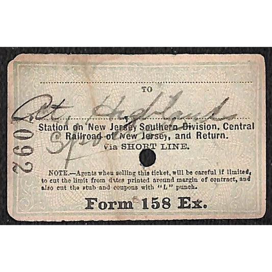 New York & Long Branch Railroad 1896 Ticket North Asbury Park AC Highlands #7092