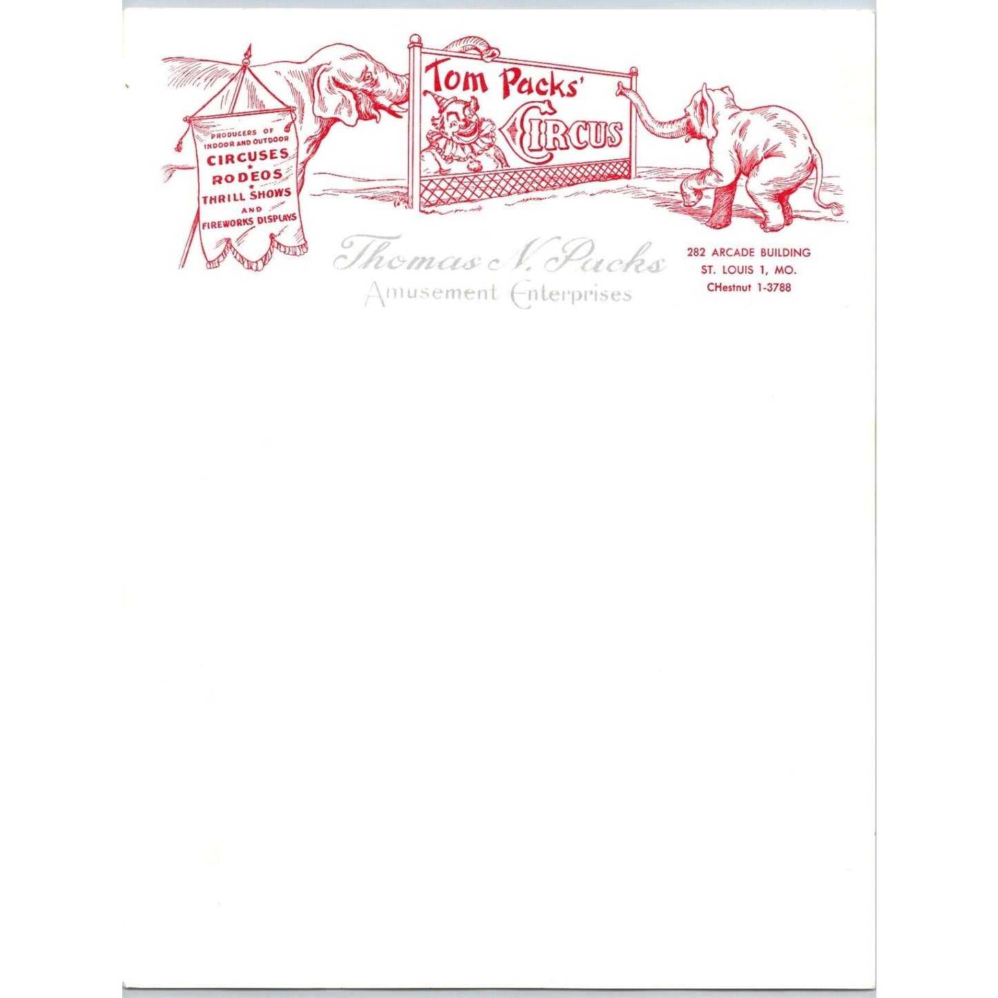 Thomas N. Packs Circus Letterhead Elephants Clown Billboard c1956 - Scarce