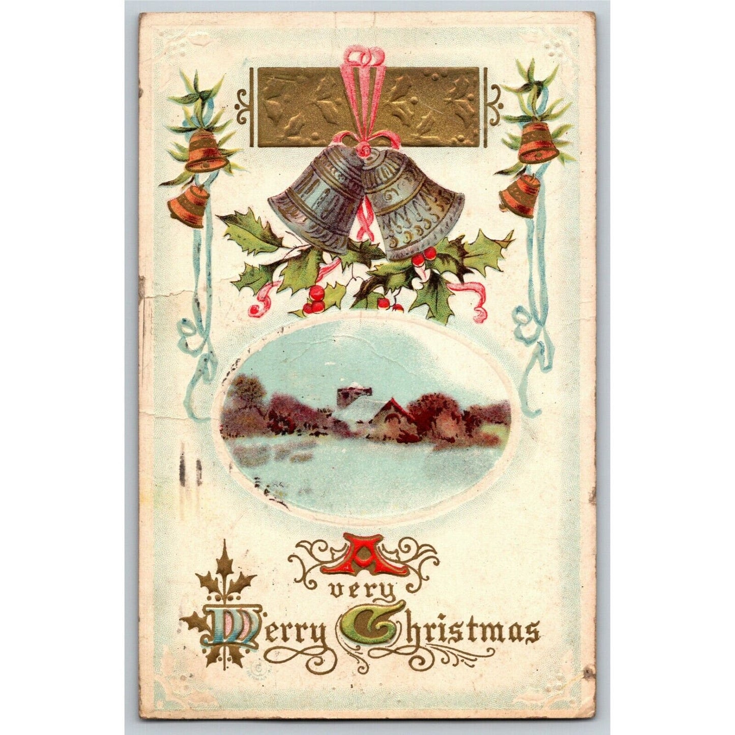 Vintage Postcard c1919 A Very Merry Christmas w/ Bells & Winter Home - Emboss