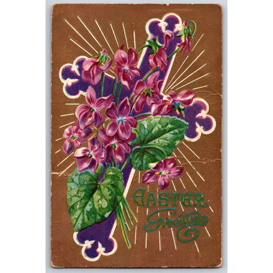 c1910-20 Vintage Easter Postcard "Easter Greetings" Gold Cross Floral Embossed